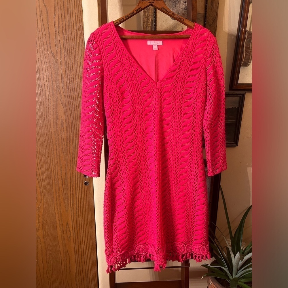 Lilly Pulitzer Pink Crochet Seminole V-Neck 3/4 Sleeve Knit Lace Tunic Dress XS